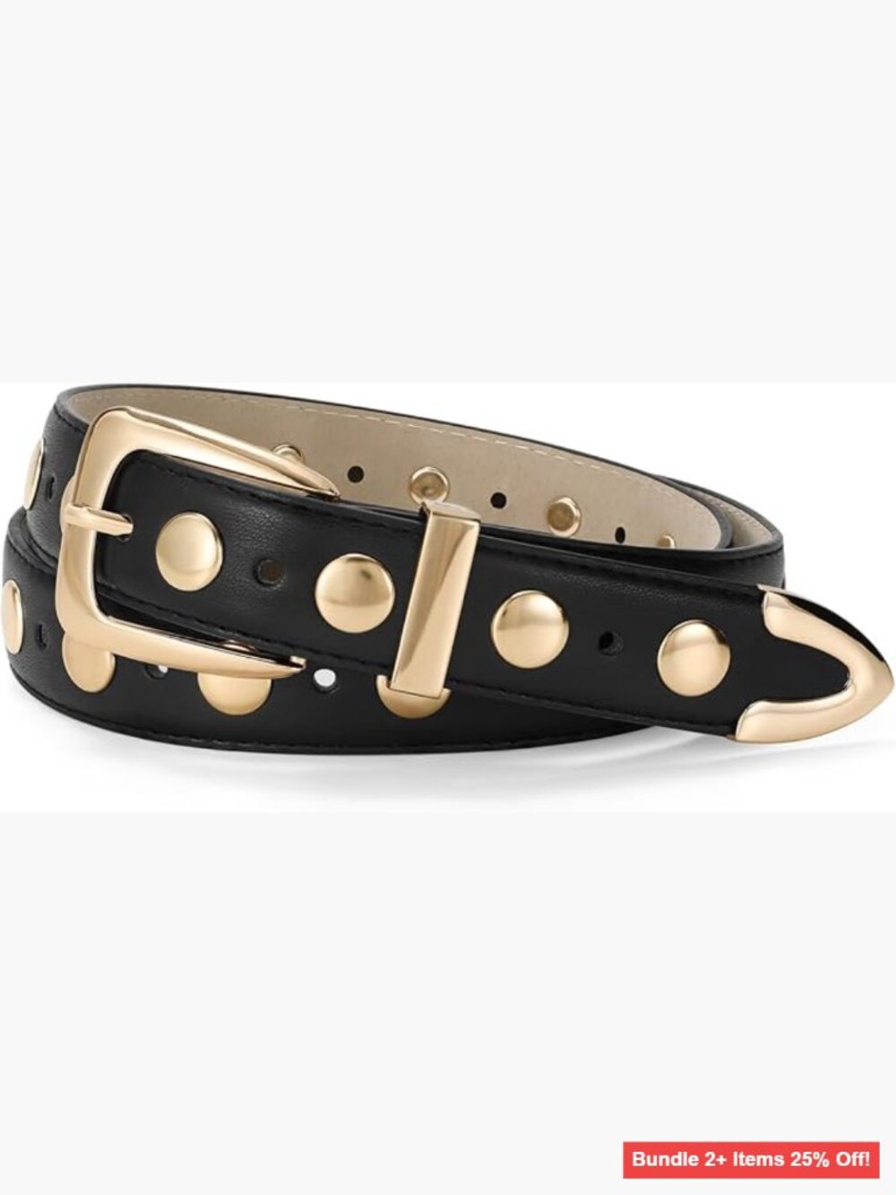 Women's Studded Punk Leather Belt Gold Buckle Adjustable Fashion Belt